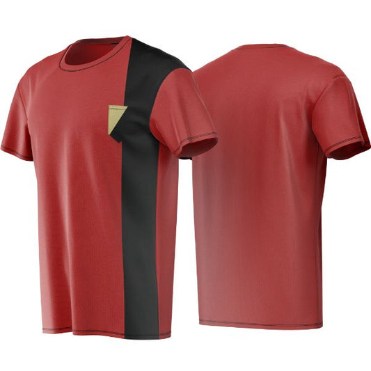 Red t-shirt with black and gold design on a white background