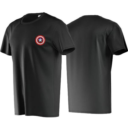 Black t-shirt with Captain America shield logo on a white background