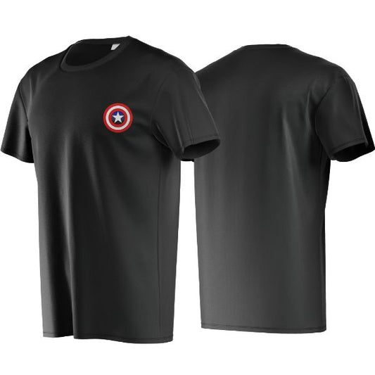 Black t-shirt with Captain America shield logo on a white background
