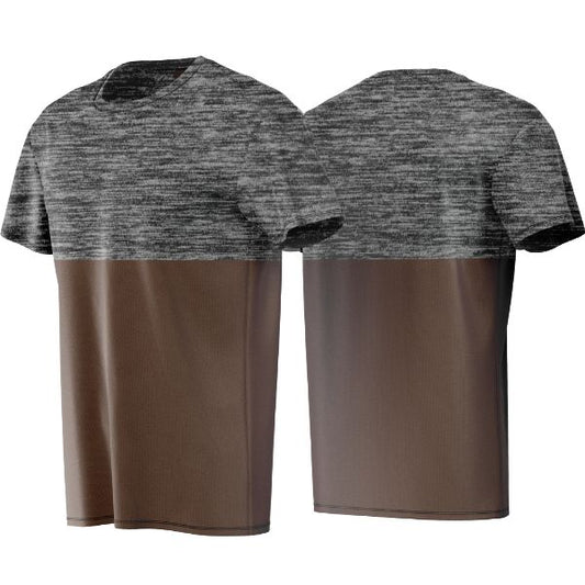 Gray and brown t-shirt shown from front and back on a white background