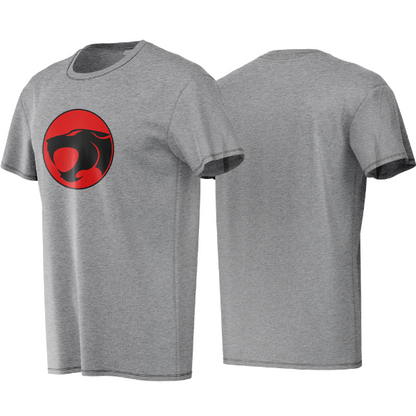 Gray t-shirt with a red and black logo on a white background