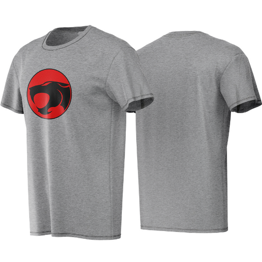 Gray t-shirt with a red and black logo on a white background