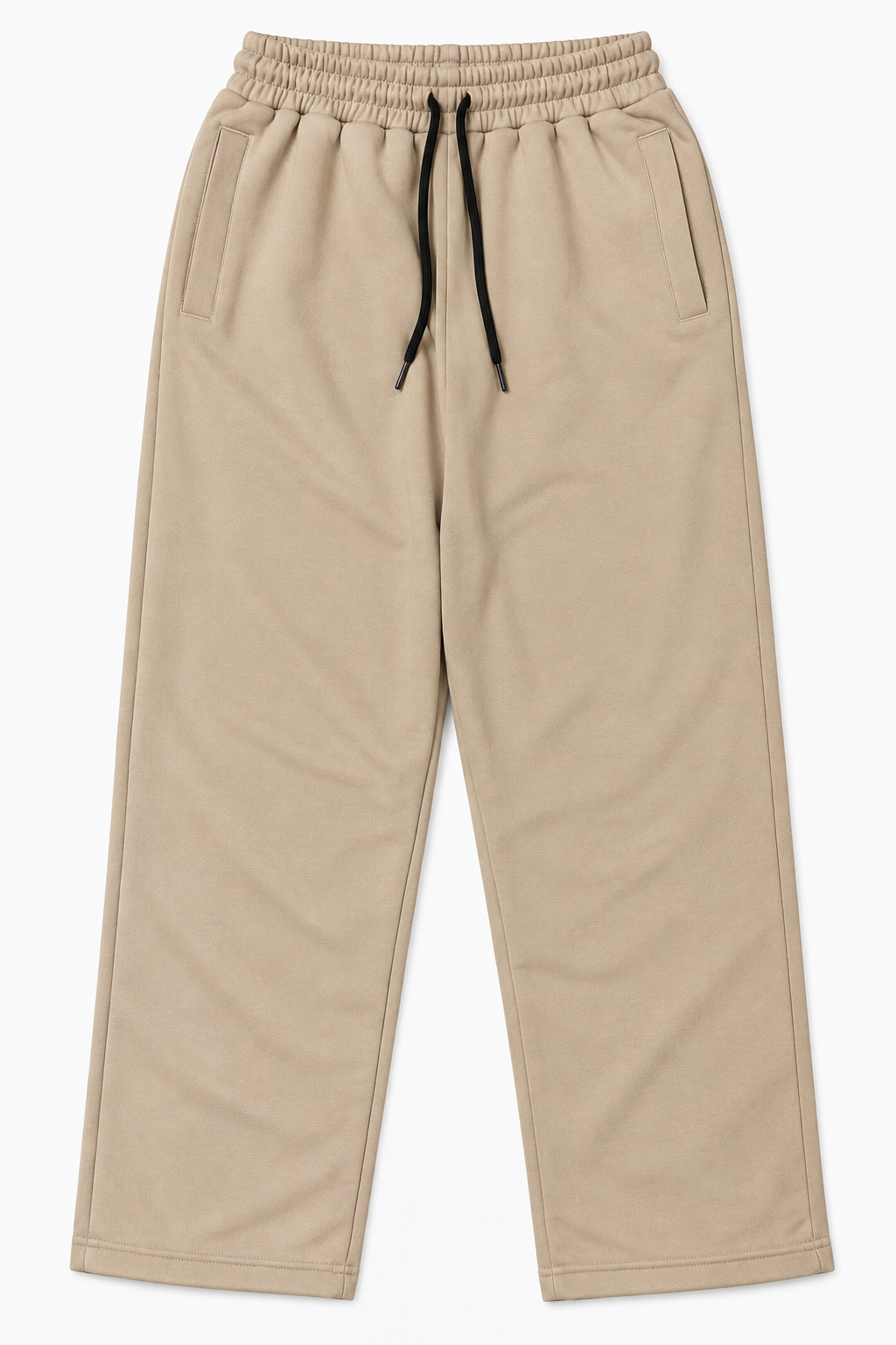 Beige men's straight-leg fleece trousers, front view
