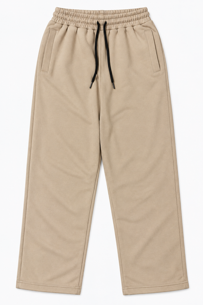 Beige men's straight-leg fleece trousers, front view