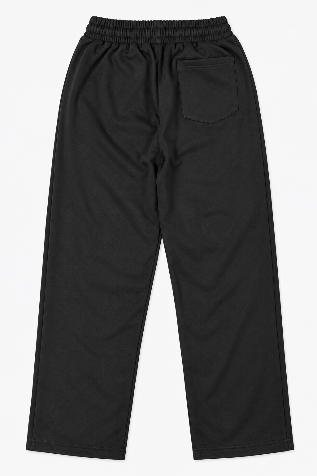 Black fleece trousers with one back pocket, rear view