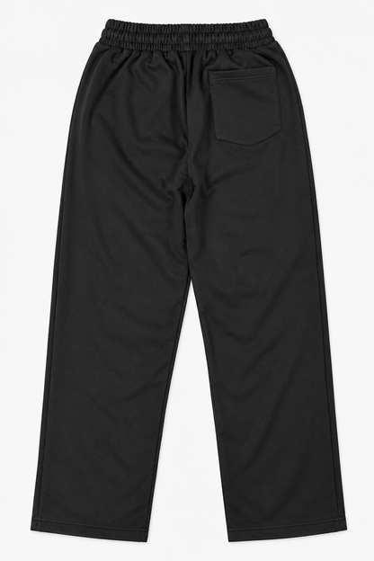 Black fleece trousers with one back pocket, rear view