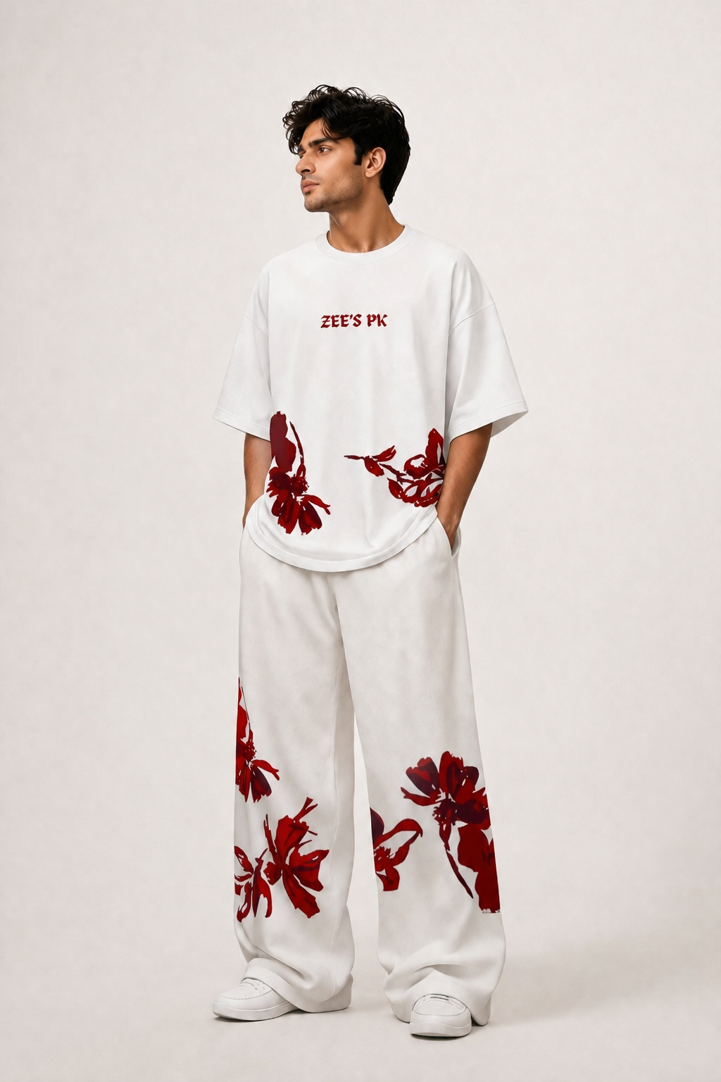 Zee's PK Red Floral Drop Shoulder Printed Tee