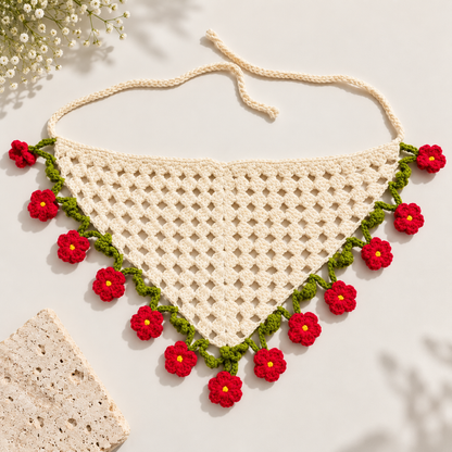 Crochet triangle headscarf, flat-lay product detail