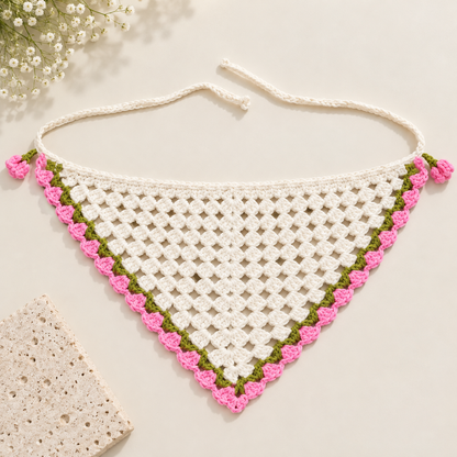 Crochet triangle headscarf with tie-back straps, flat-lay view