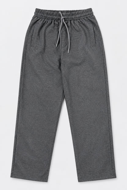 Dark charcoal straight-leg fleece trousers, front view