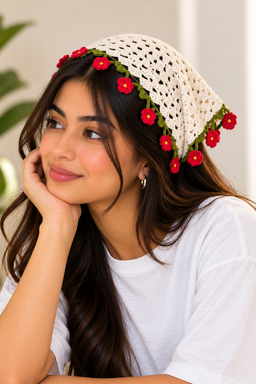Women's off-white crochet bandana with red flowers and green edging