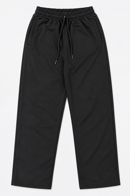Black men's straight-leg fleece trousers with drawstring waist, front view