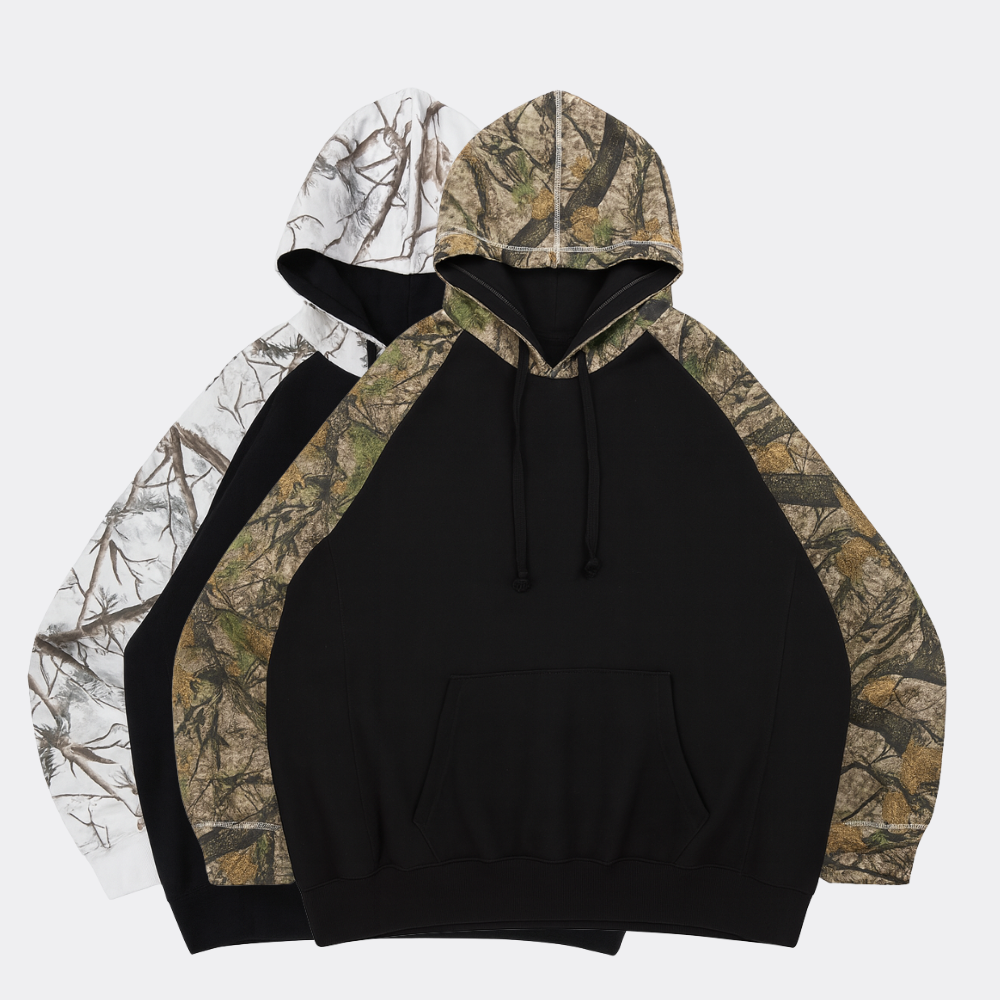 Kangaroo Pullover Hoodie with Printed Camo Sleeves
