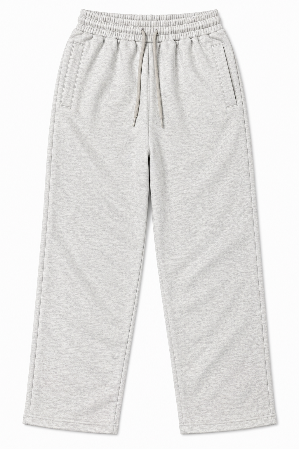 Light heather grey fleece trousers with drawstring waist, front view