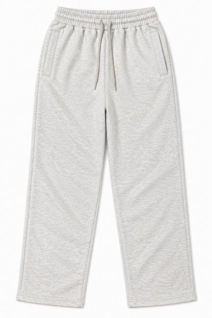 Light heather grey fleece trousers with drawstring waist, front view