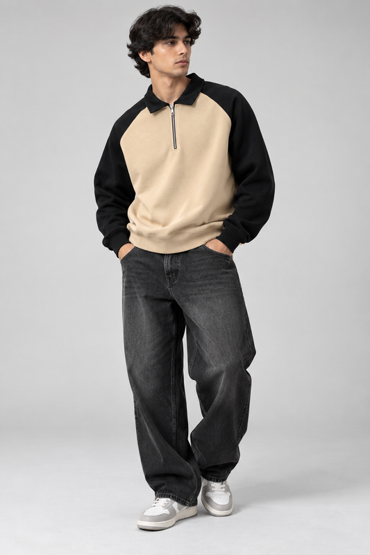 Beige and black quarter-zip sweatshirt front view
