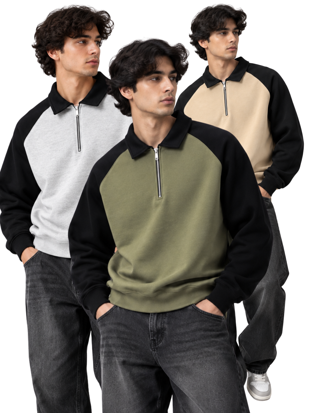 Men's colourblock quarter-zip fleece sweatshirt in grey, olive and beige with black sleeves