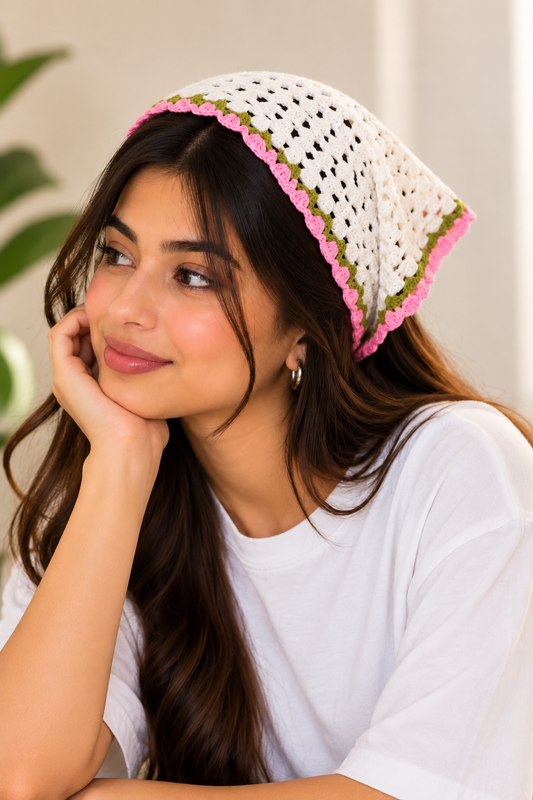 Women's white crochet bandana with pink trim and green accents