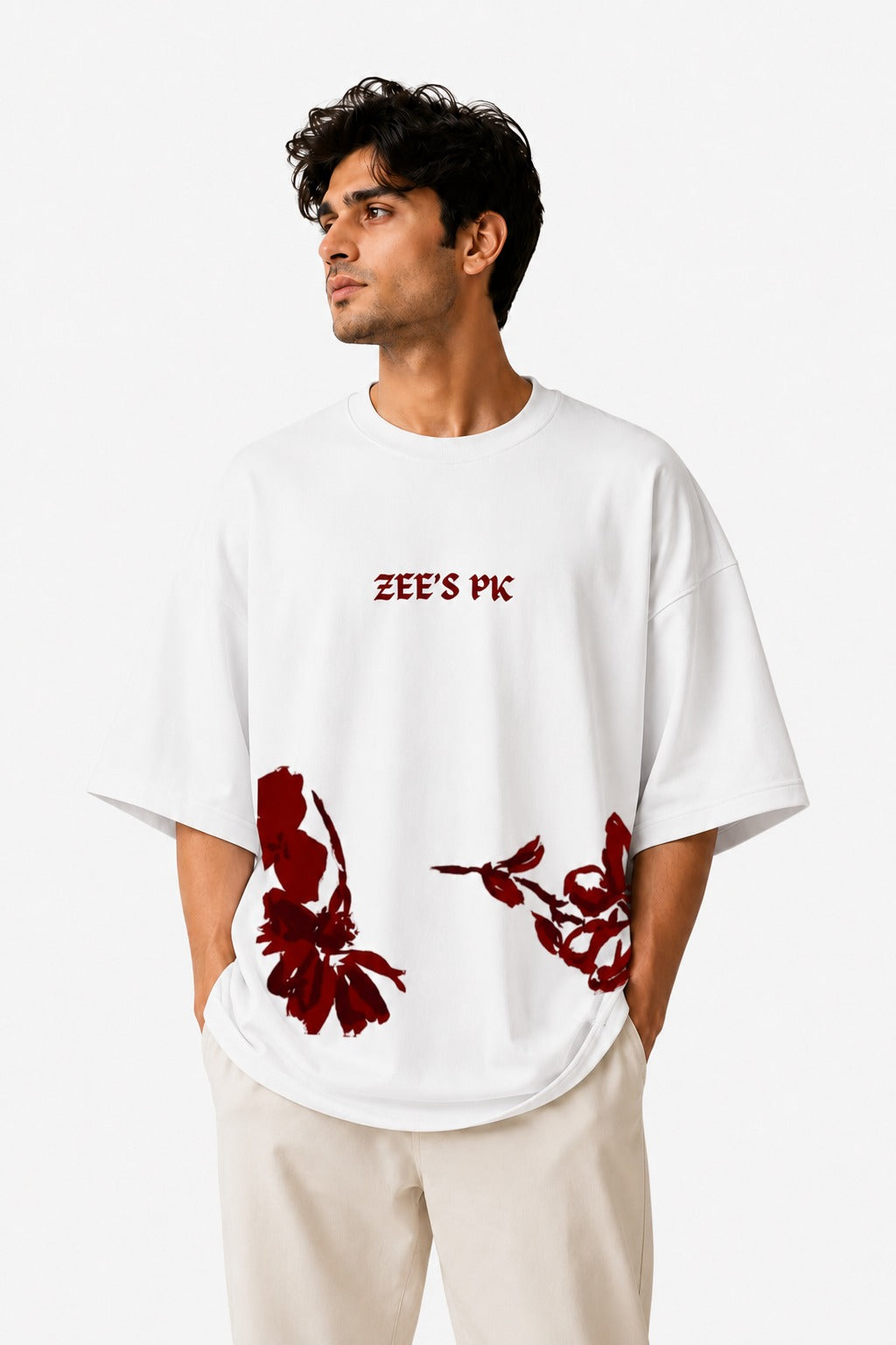 Zee's PK Red Floral Drop Shoulder Printed Tee
