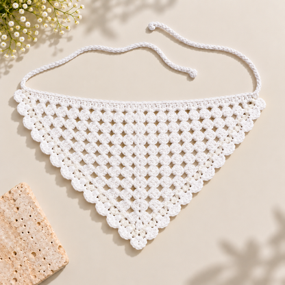 Crochet triangle bandana with tie-back straps, flat-lay product view