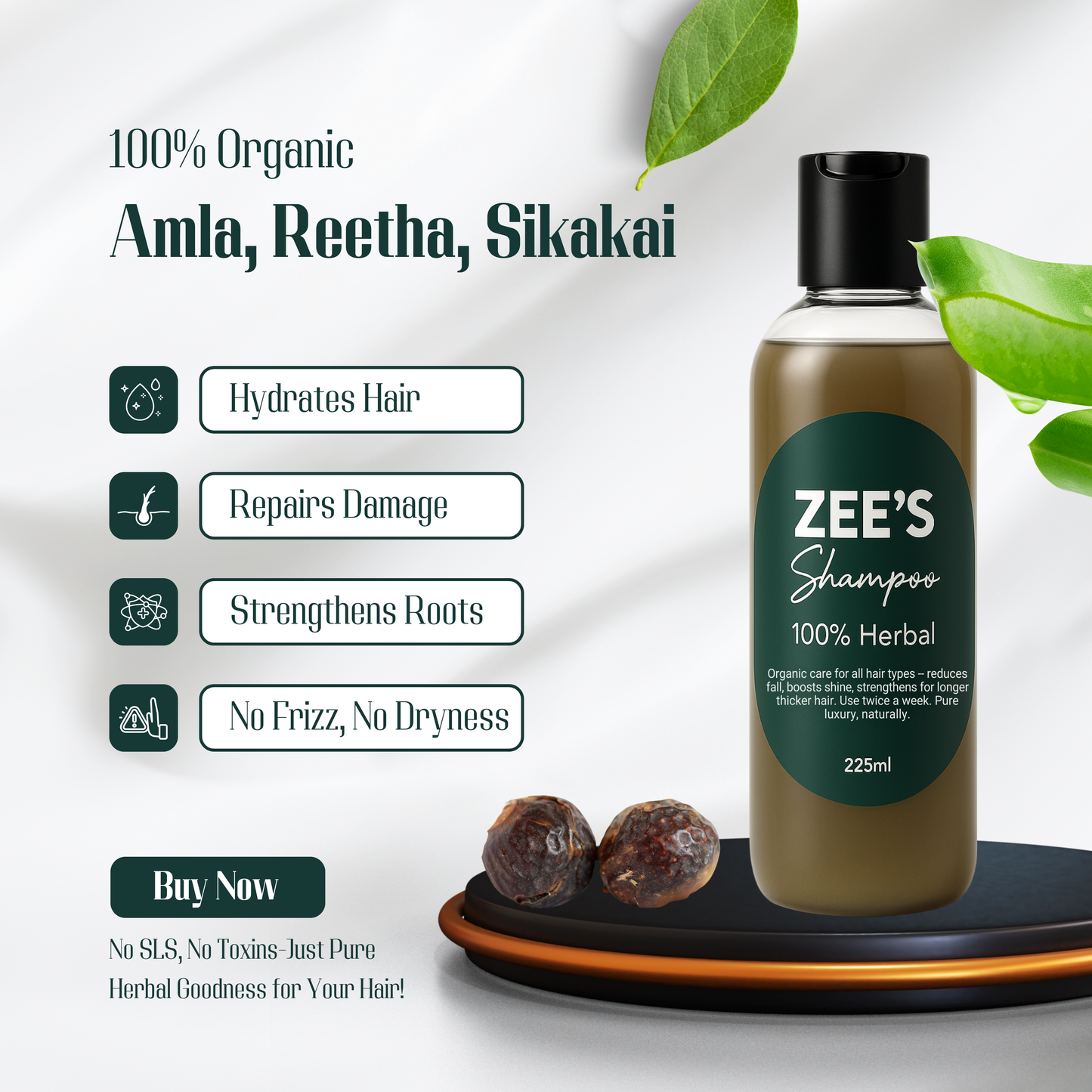 Zee's shampoo bottle with ingredients and benefits on a white background