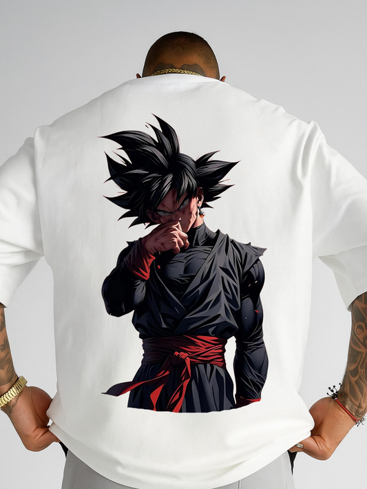 Person wearing a white t-shirt with an anime character on the back against a plain background