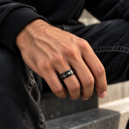 Black Heartbeat Ring with Heart Design