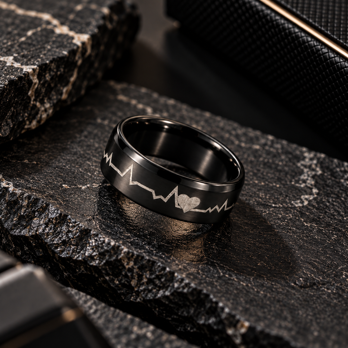 Black Heartbeat Ring with Heart Design