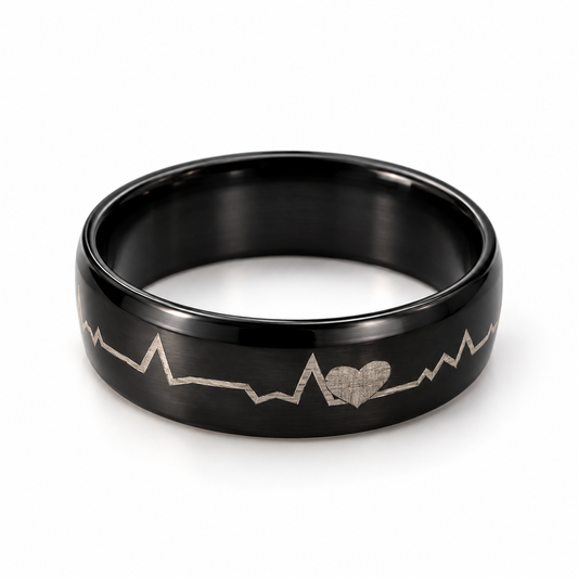 Black Heartbeat Ring with Heart Design