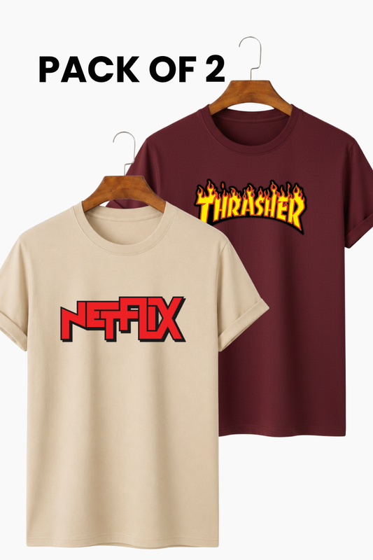 Pack of 2 - Premium Regular Tee - Thrasher Flame & Netflix